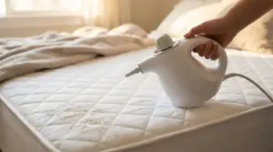 Mano che utilizza un pulitore a vapore su un materasso per eliminare gli acari