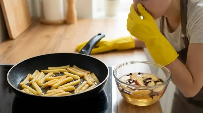 Persona con guanti gialli si tappa il naso vicino a una padella con patatine fritte