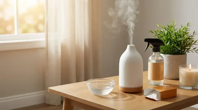 Diffusore di aromi acceso su tavolino con spray, candela e bicarbonato