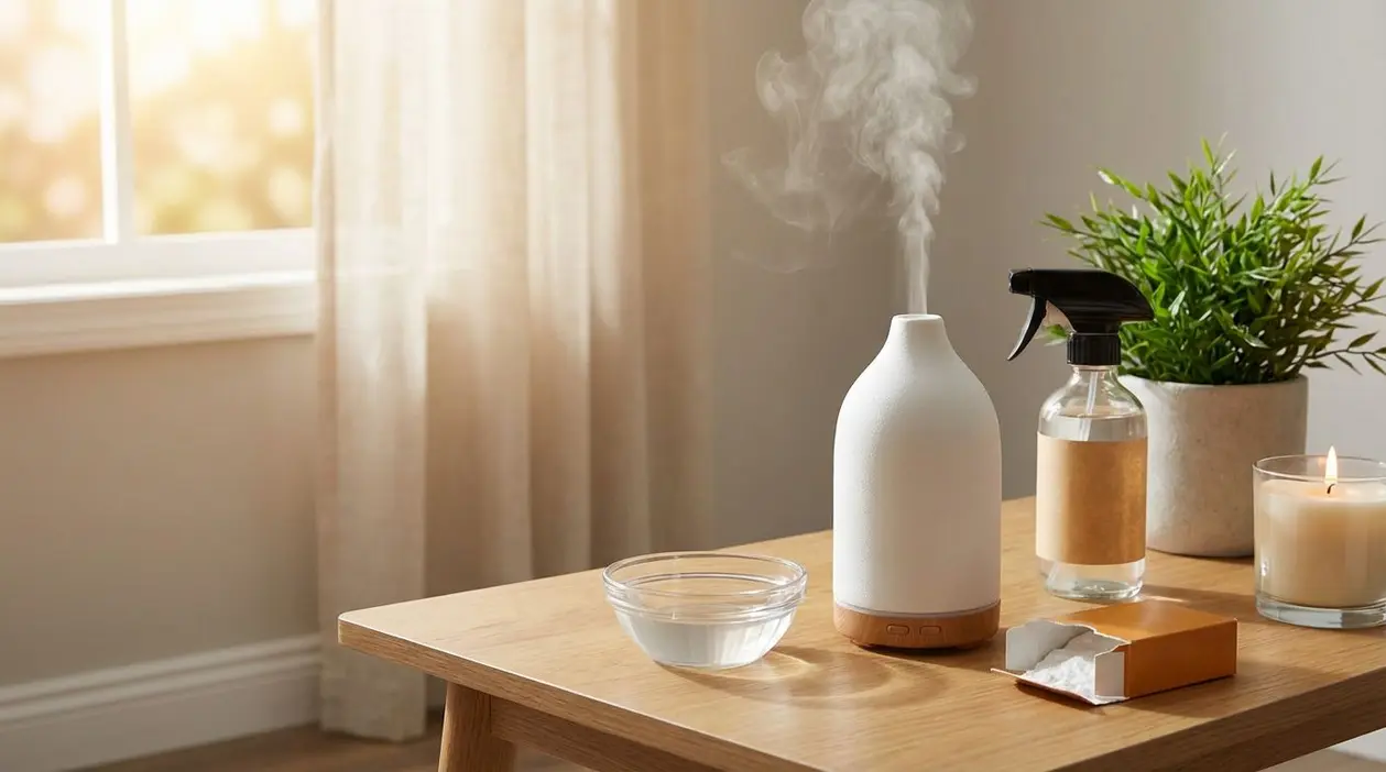 Diffusore di aromi acceso su tavolino con spray, candela e bicarbonato