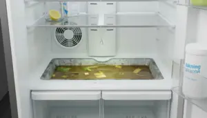Interno di un frigorifero con liquido sporco e residui di cibo stagnanti nella vaschetta di scarico