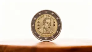 Moneta da 2 euro commemorativa con ritratto in rilievo su sfondo bianco.
