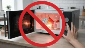 Oggetti non sicuri come alluminio e plastica inseriti in un forno a microonde con scintille visibili