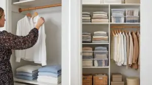 Persona che organizza un armadio ordinato con vestiti piegati e appesi