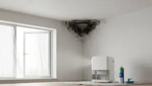 Angolo del soffitto con muffa nera visibile e strumenti per la pulizia a terra