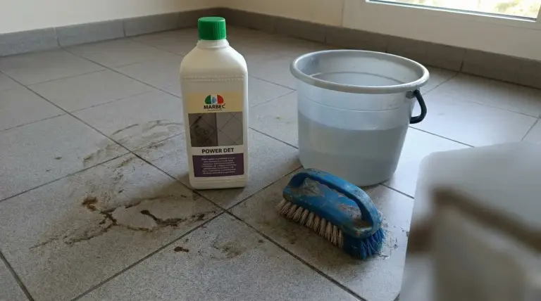 Detergente, secchio e spazzola su pavimento in gres con macchie visibili