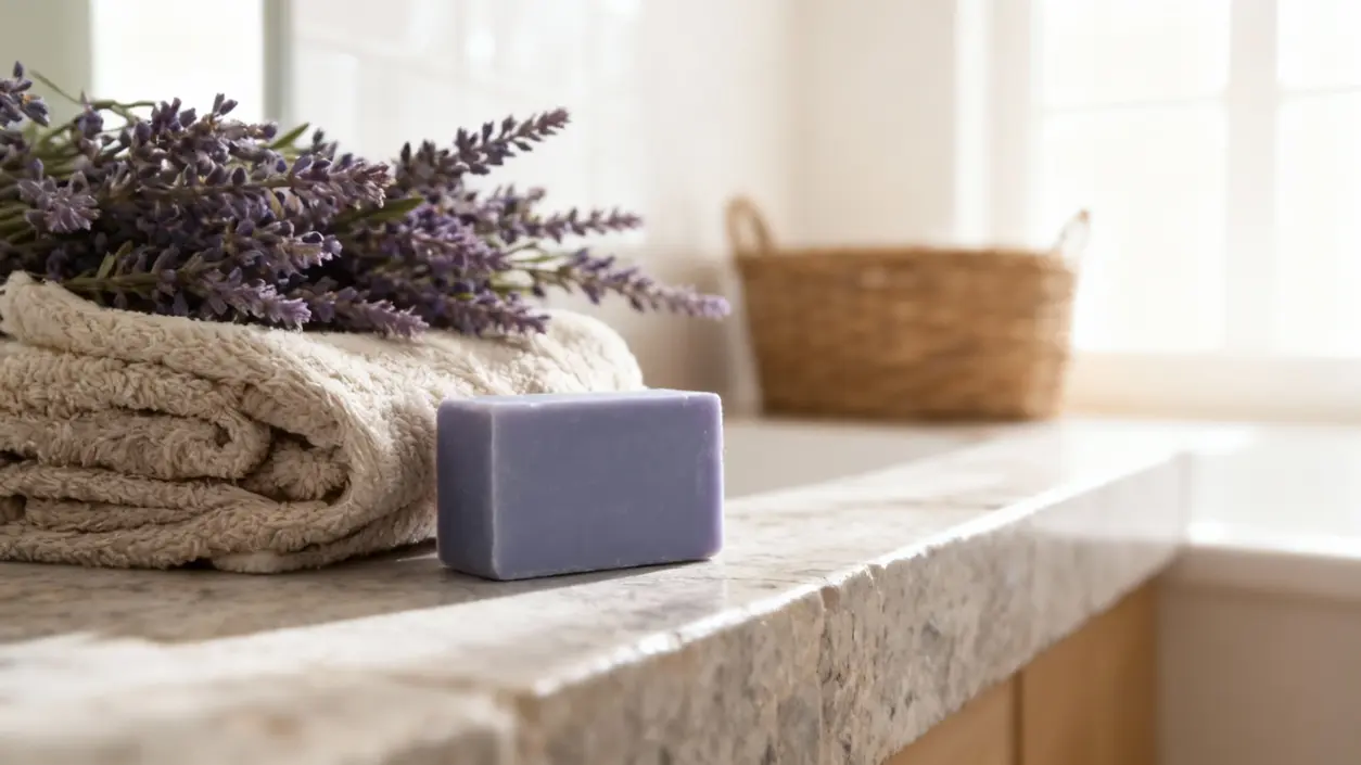 Sapone alla lavanda e asciugamani su una superficie da bagno in marmo
