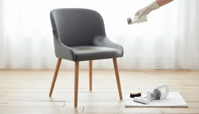 Sedia imbottita grigia mentre viene pulita con metodo a secco su pavimento in legno chiaro