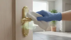 Persona con guanto pulisce una maniglia dorata con un panno umido