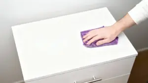 Mano che pulisce un mobile con un panno viola