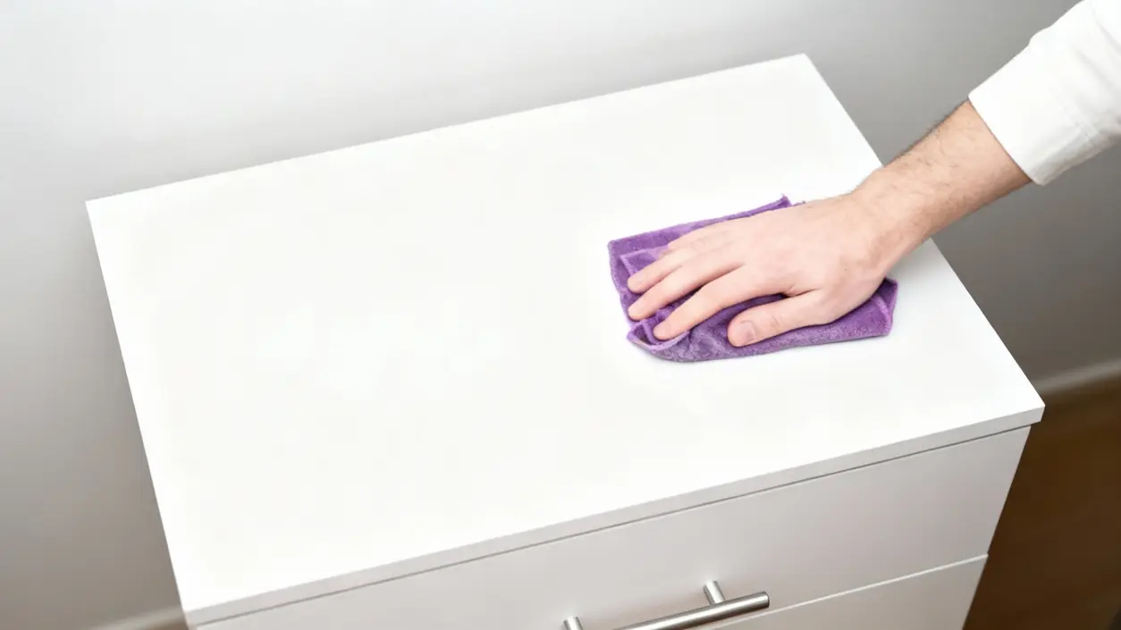 Mano che pulisce un mobile con un panno viola