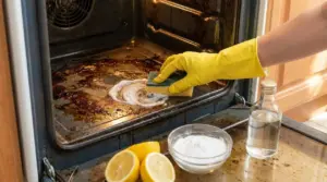 Una mano con guanto pulisce un forno incrostato con bicarbonato, limone e aceto