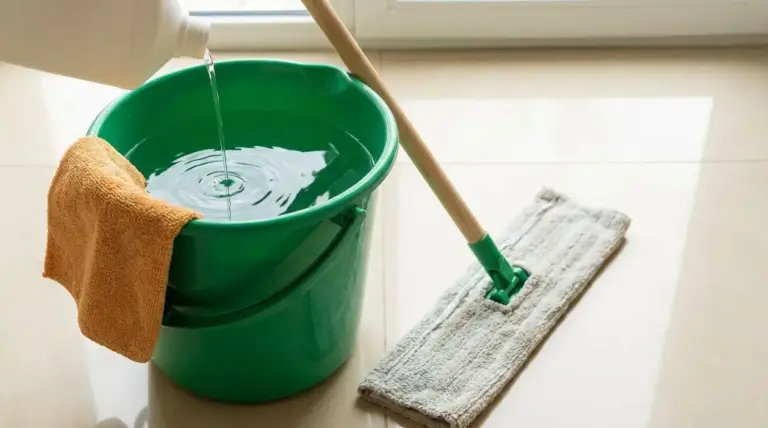 Secchio verde con acqua, panno arancione e mocio su pavimento chiaro