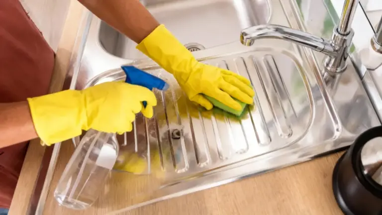 Una persona pulisce un lavello in acciaio inox con guanti gialli, spugna e spray detergente
