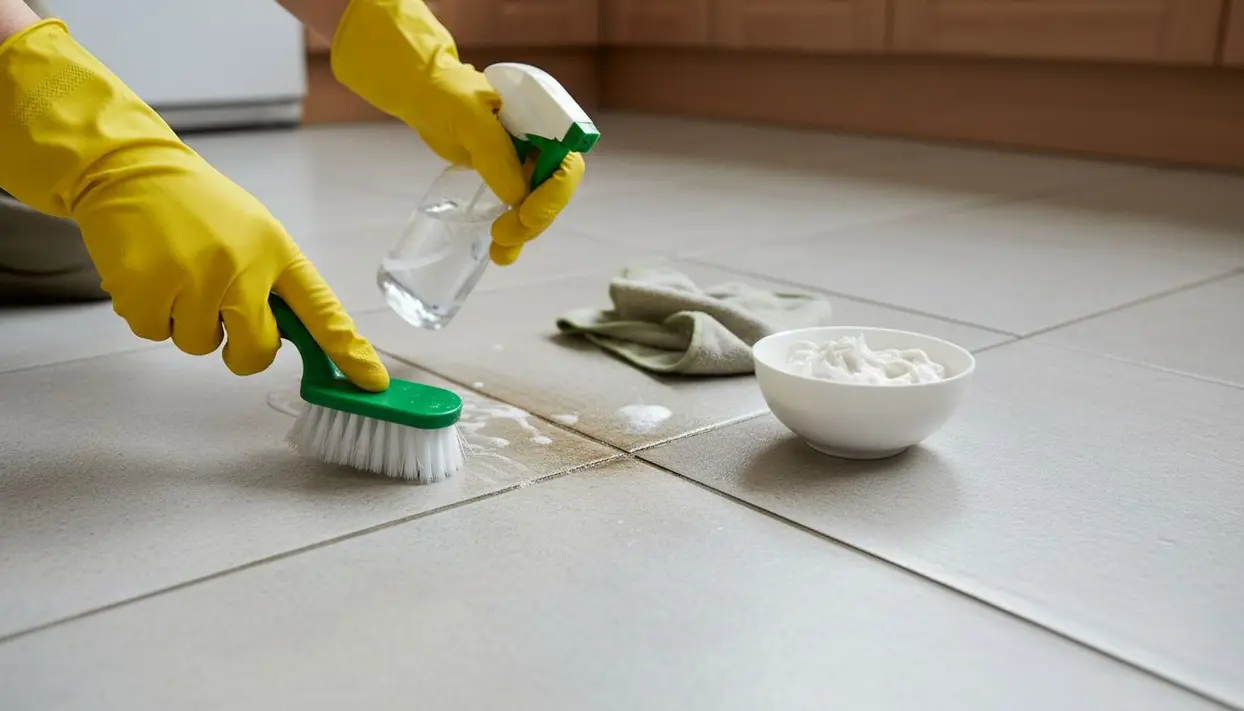 Una persona pulisce le fughe del pavimento con spazzola e spray