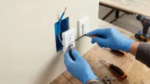 Persona con guanti blu pulisce una presa elettrica su una parete usando strumenti da lavoro