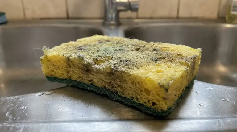 Spugna da cucina usurata e sporca appoggiata su un lavello