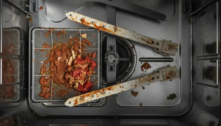 Residui alimentari all'interno di una lavastoviglie, intasando i filtri e i bracci spruzzatori
