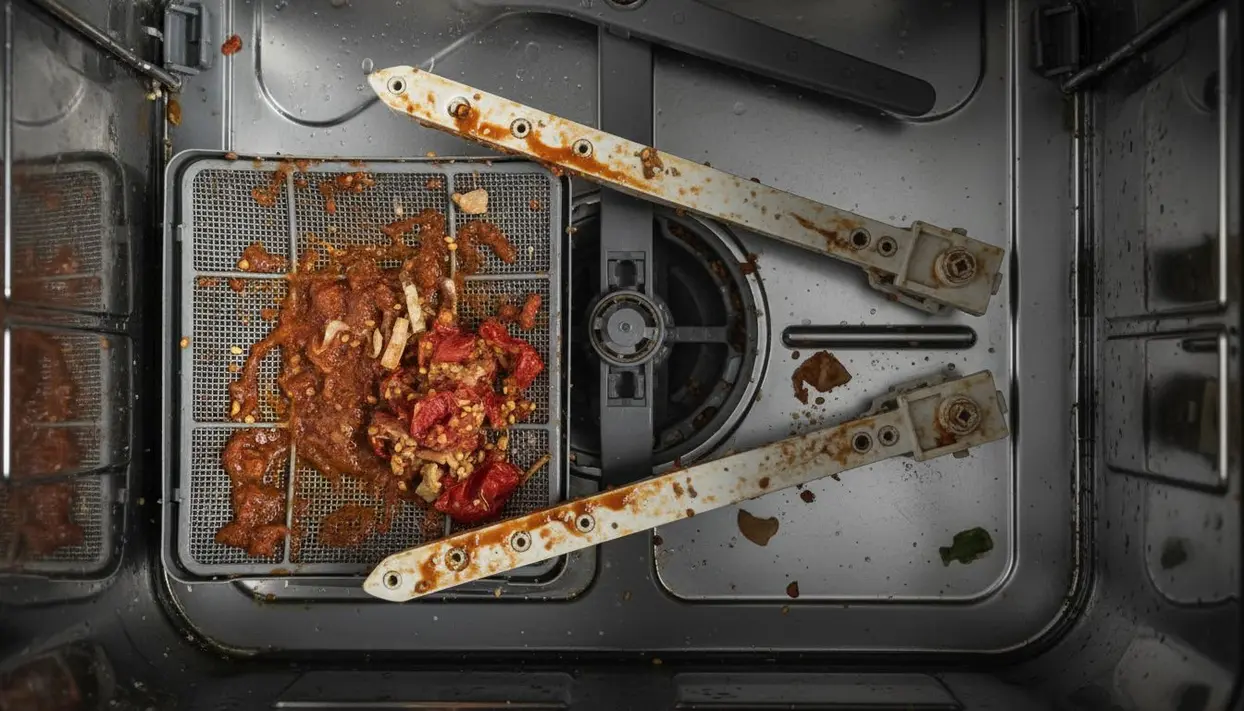 Residui alimentari all'interno di una lavastoviglie, intasando i filtri e i bracci spruzzatori
