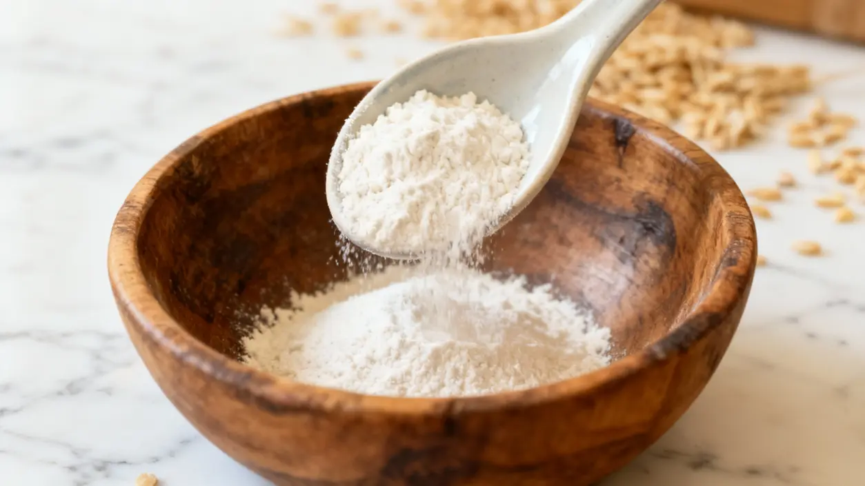 Polvere bianca naturale in una ciotola di legno con cucchiaio in ceramica