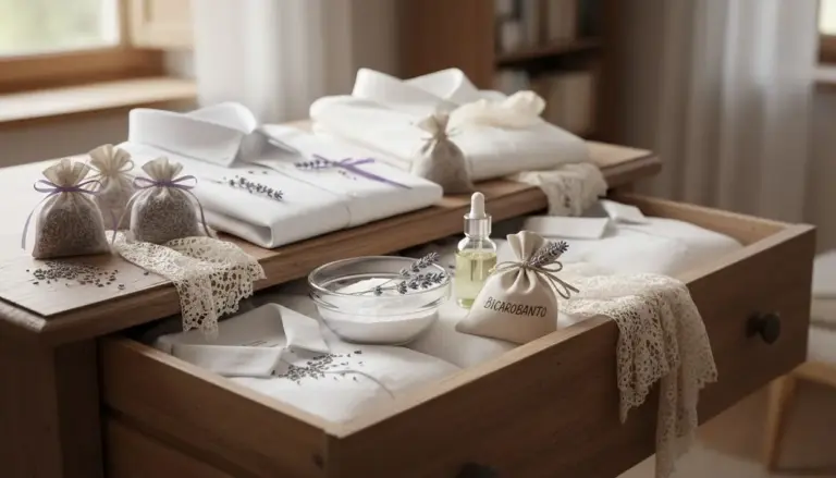 Cassetti aperti con biancheria profumata, sacchetti di lavanda, bicarbonato e olio essenziale