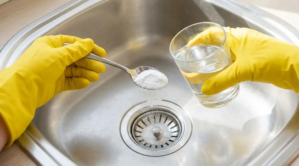 Persona con guanti gialli versa bicarbonato e acqua nel lavandino della cucina