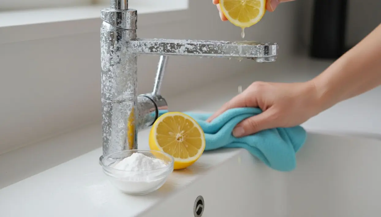 Rubinetto con calcare pulito con limone e bicarbonato da una mano con panno azzurro