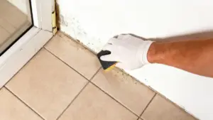 Persona rimuove la muffa dal muro con una spugna senza usare candeggina