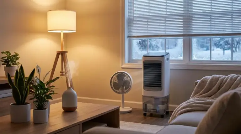 Soggiorno con purificatore d'aria, ventilatore e diffusore vicino a una finestra chiusa in inverno