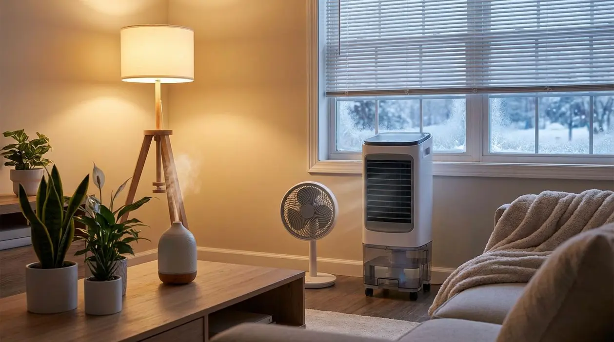 Soggiorno con purificatore d'aria, ventilatore e diffusore vicino a una finestra chiusa in inverno