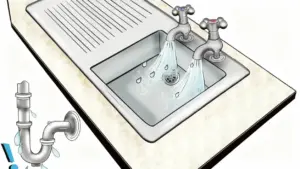 Lavandino con rubinetti aperti e scarico che rappresenta un potenziale cattivo odore
