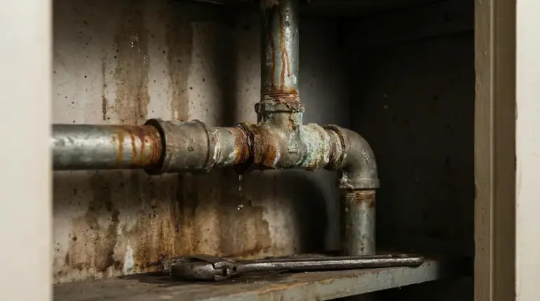 Tubi idraulici arrugginiti e gocciolanti sotto un lavandino