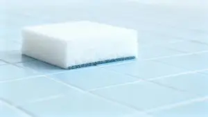 Spugna magica bianca su piastrelle azzurre lucide