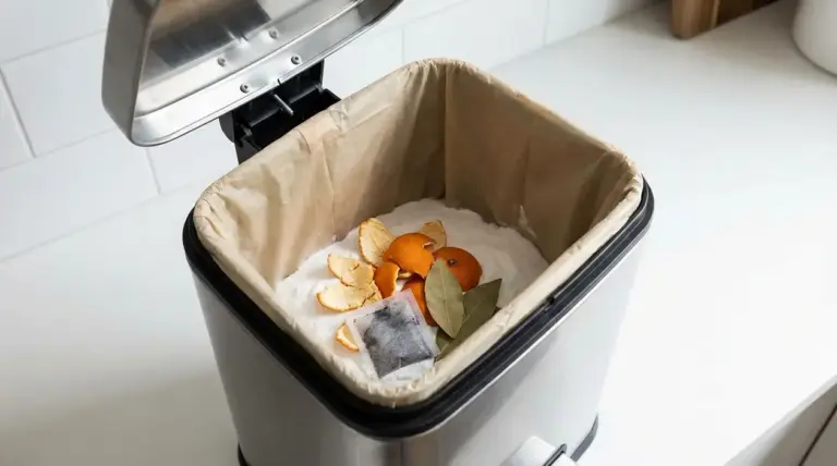 Bidone della spazzatura con bucce d'arancia, foglie di alloro, bustina e bicarbonato all'interno