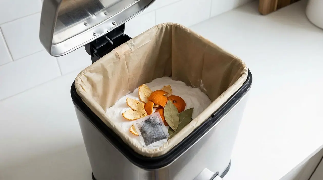 Bidone della spazzatura con bucce d'arancia, foglie di alloro, bustina e bicarbonato all'interno