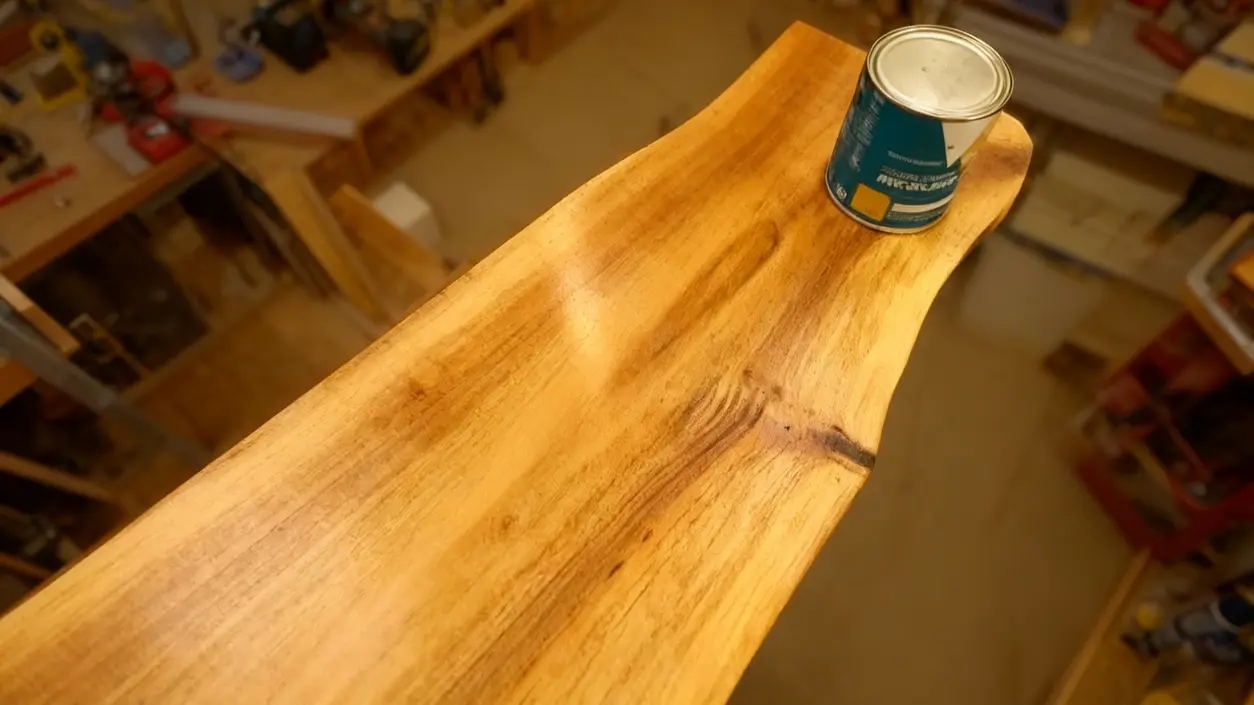 Ripiano in legno levigato con una lattina posata sopra in un laboratorio di falegnameria