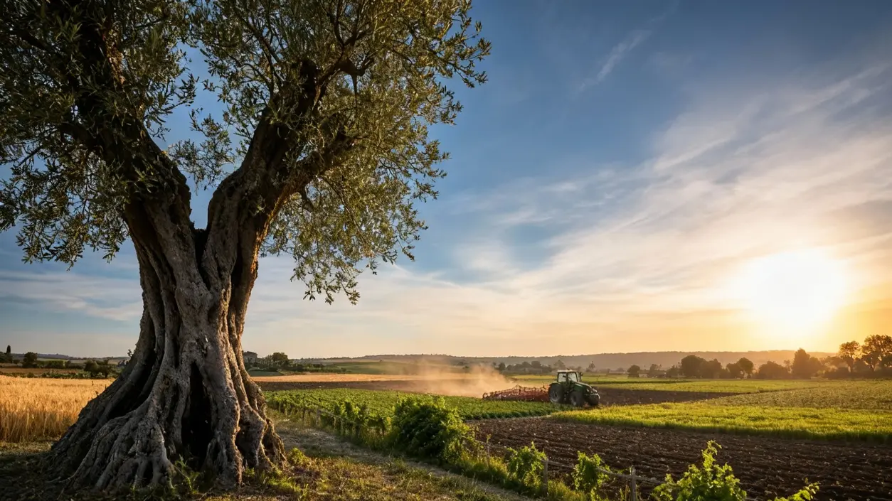 Trattore che lavora un terreno agricolo al tramonto con un grande albero in primo piano