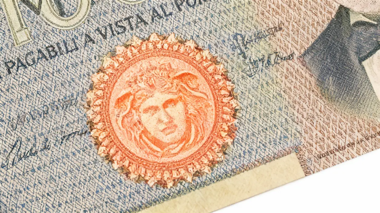 Dettaglio di una vecchia banconota italiana con un disegno arancione e motivi decorativi